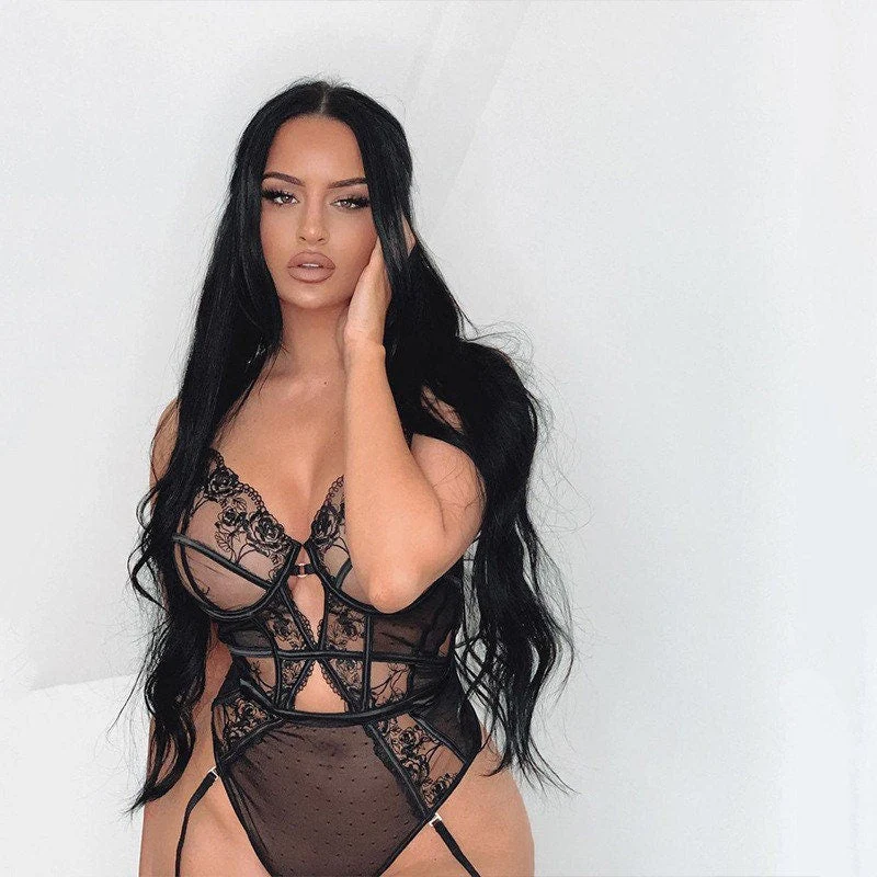 Black Lace Bodysuit with Thigh Straps - Image 7